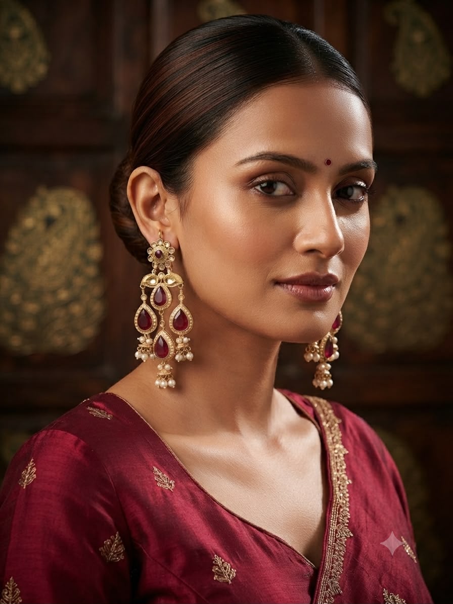 'Emerald  & Red Empress' Kundan Chandbali Earrings.